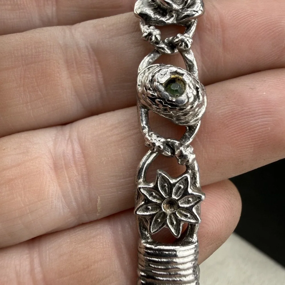 Vintage Goldette Bracelet Silver Tone Mixed Accents Floral Bee 7in